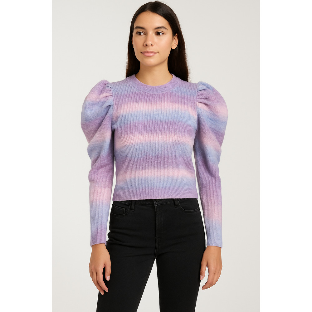 Lea‎ & Viola Sweater Womens Medium Purple Ombre Ribbed Knit Puff Sleeve Retro